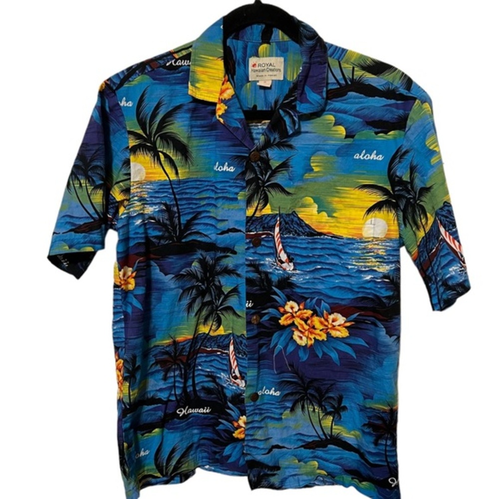 Royal Hawaiian Creations Blue Short Sleeve Button Down Shirt Size Medium